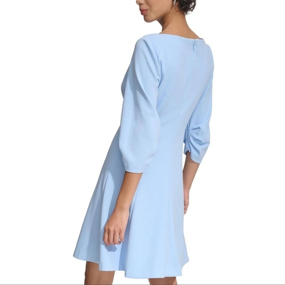 NWT Calvin Klein Pleated Shift 3/4 Sleeve Ruched A-Line Dress Blue Serene - Picture 2 of 11